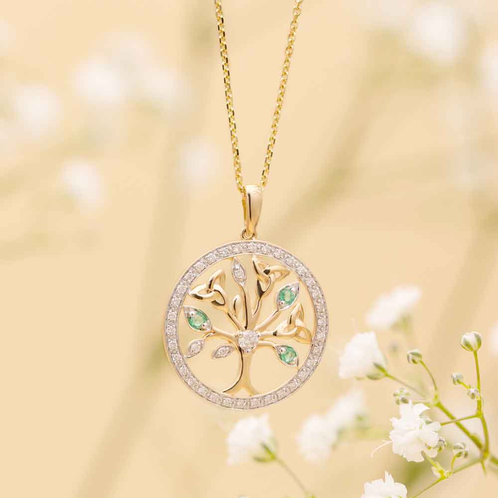 Product image for Irish Necklace | 14k Gold Diamond and Emerald Circle Celtic Tree of Life Pendant