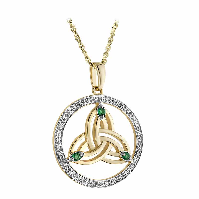 Product image for Irish Necklace | 14k Gold Diamond and Emerald Circle Trinity Knot Pendant