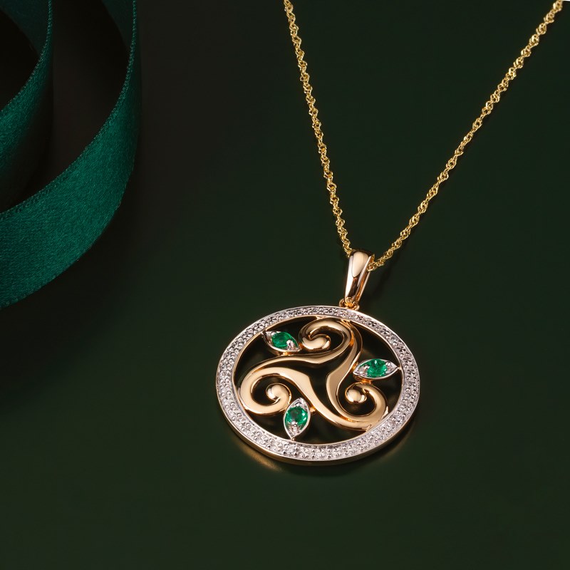 Product image for Irish Necklace | 14k Gold Diamond and Emerald Circle Celtic Triskele Pendant