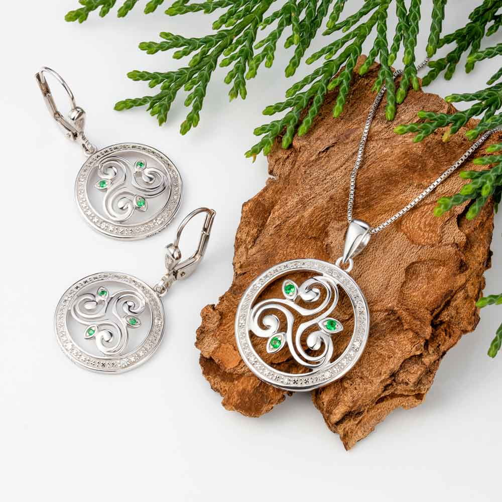 Product image for Irish Earrings | Sterling Silver Crystal Round Drop Celtic Spiral Triskele Earrings