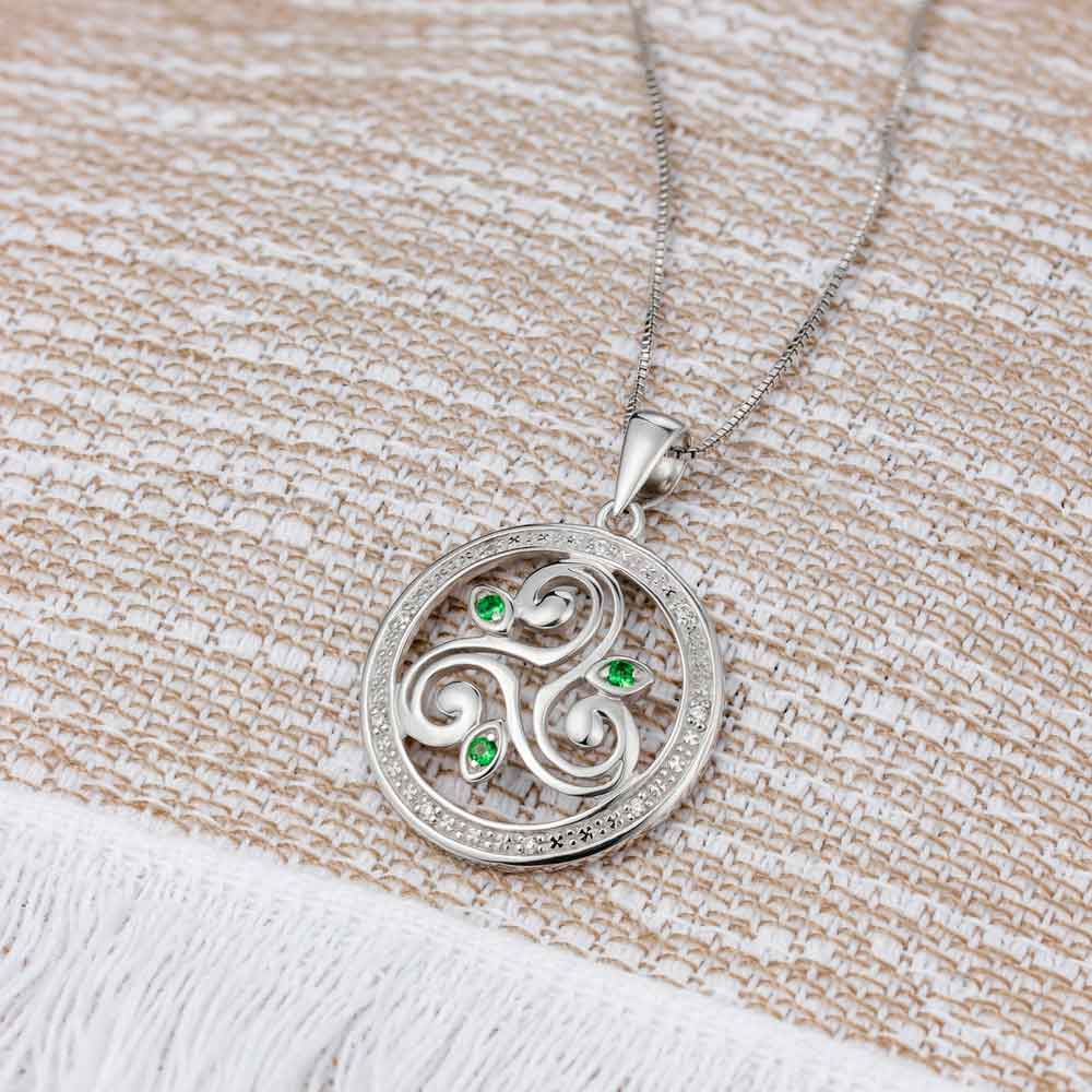 Product image for Irish Necklace | Sterling Silver Crystal Round Celtic Spiral Triskele Pendant
