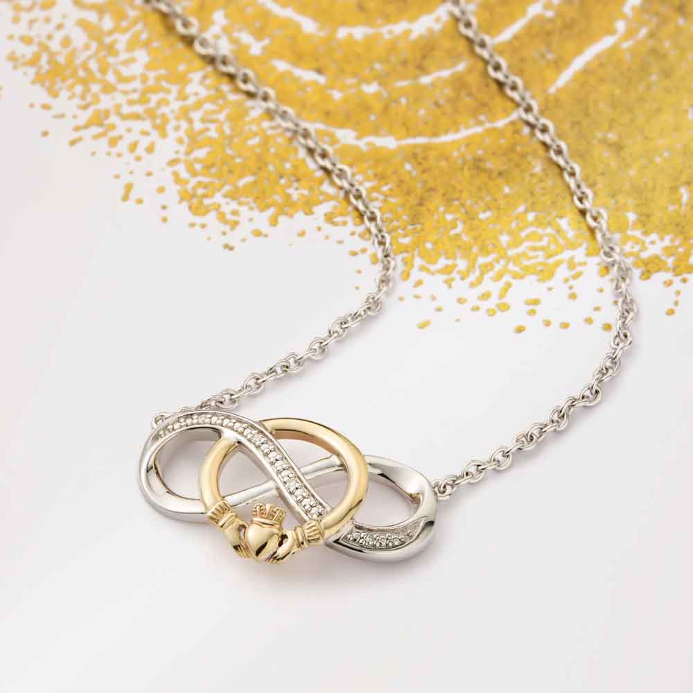 Product image for Irish Necklace | 10k Gold & Sterling Silver Diamond Infinity Claddagh Necklet