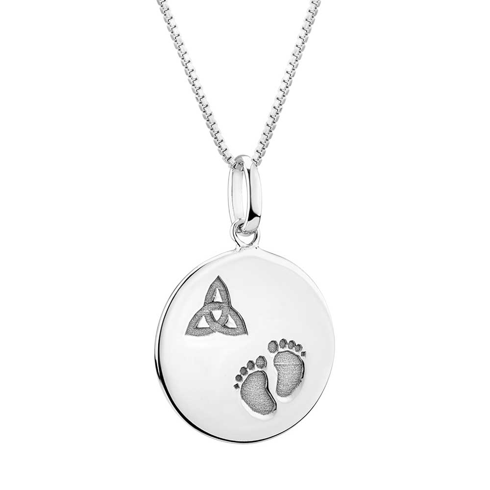 Product image for Irish Necklace | Sterling Silver Baby Feet Trinity Knot Disc Pendant