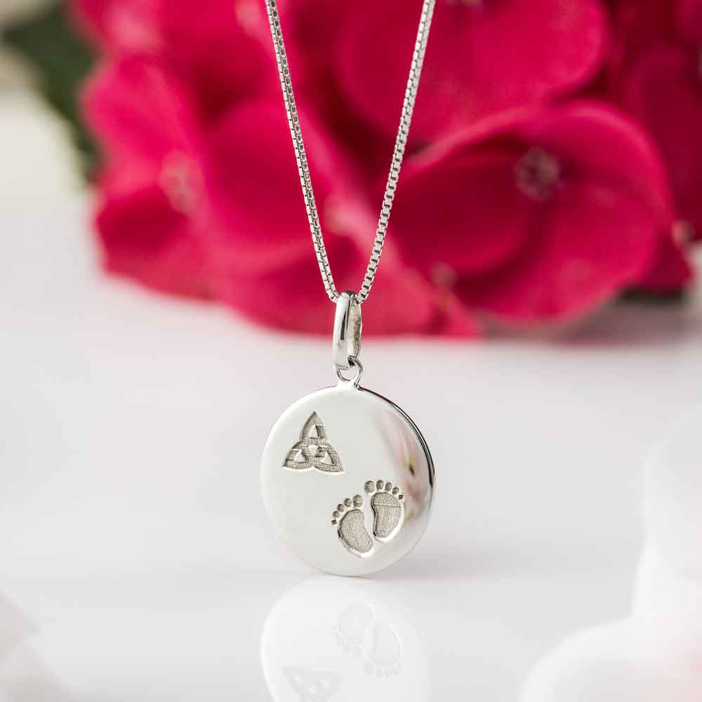 Product image for Irish Necklace | Sterling Silver Baby Feet Trinity Knot Disc Pendant