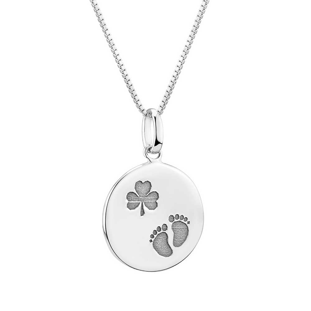 Product image for Irish Necklace | Sterling Silver Baby Feet Shamrock Disc Pendant