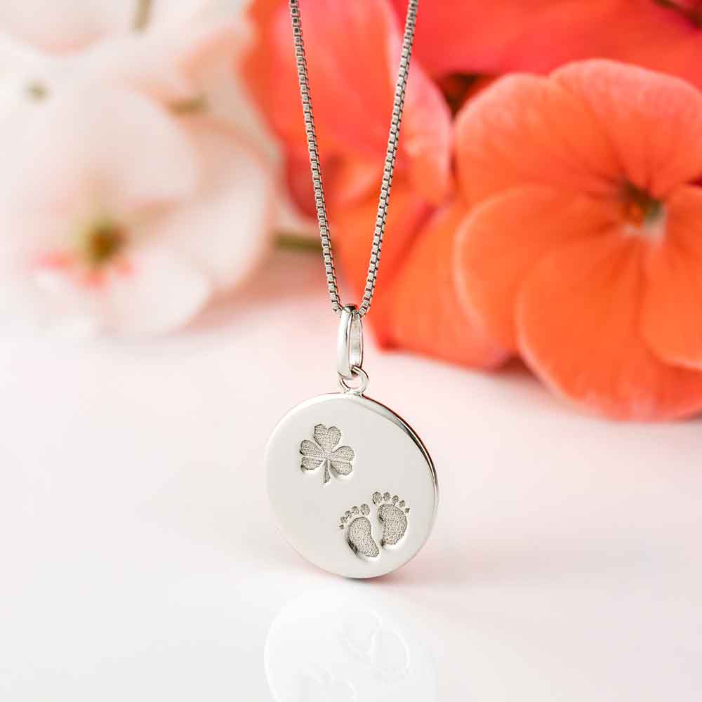 Product image for Irish Necklace | Sterling Silver Baby Feet Shamrock Disc Pendant