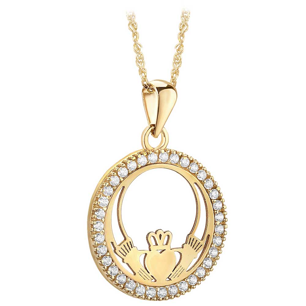 Product image for Irish Necklace | 10k Yellow Gold CZ Circle Claddagh Pendant