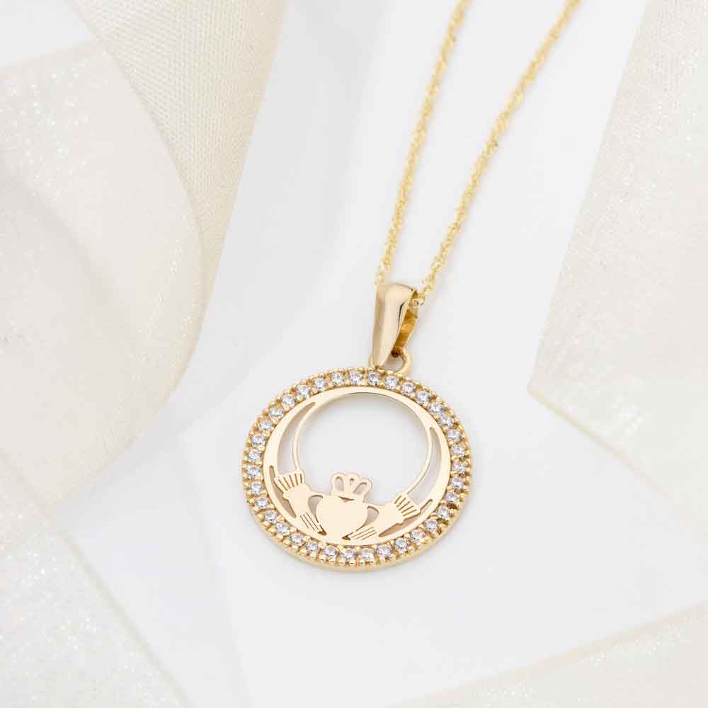 Product image for Irish Necklace | 10k Yellow Gold CZ Circle Claddagh Pendant