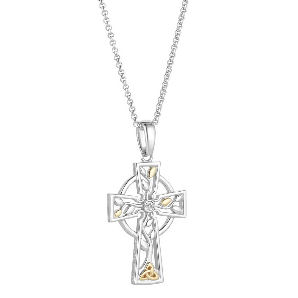 Product image for Irish Necklace | 10k Gold & Sterling Silver Diamond Tree of Life Celtic Cross