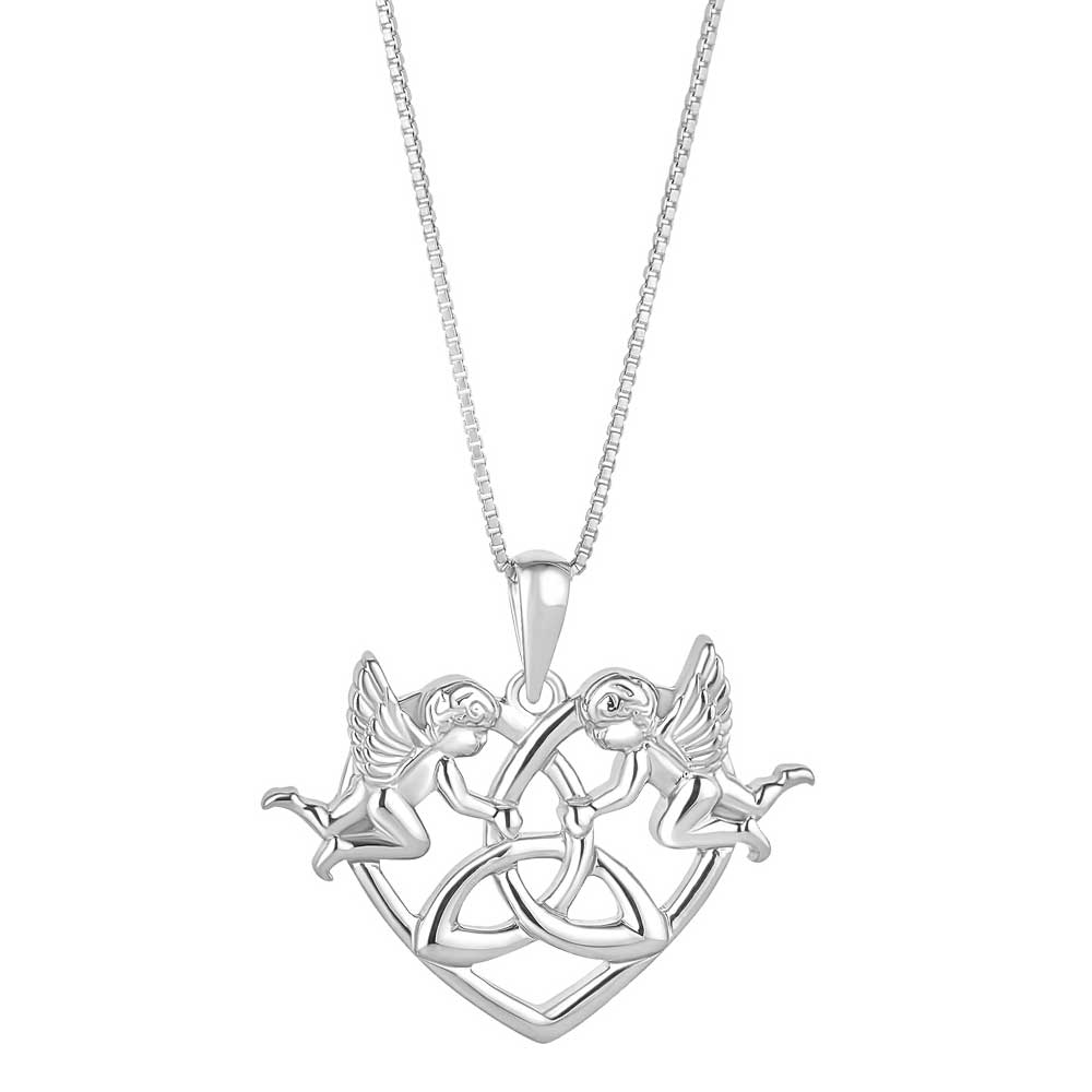 Product image for Irish Necklace | Sterling Silver Cherubs with Celtic Heart Trinity Knot Pendant