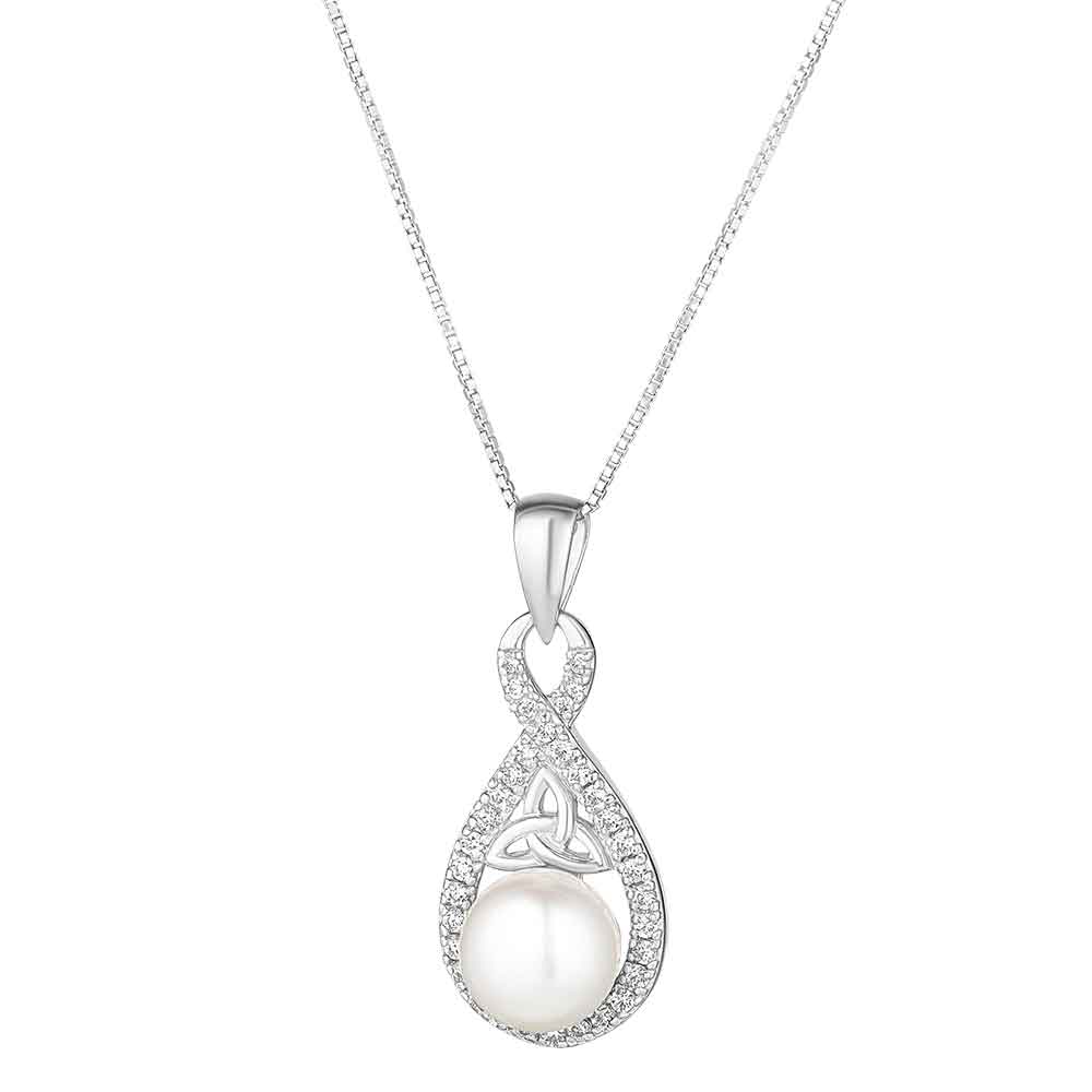 Product image for Irish Necklace | Sterling Silver Twisted Crystal Trinity Knot Pearl Pendant