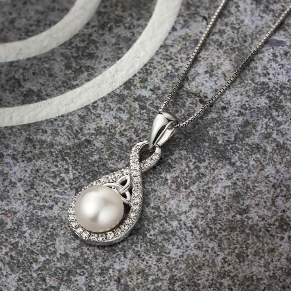 Product image for Irish Necklace | Sterling Silver Twisted Crystal Trinity Knot Pearl Pendant