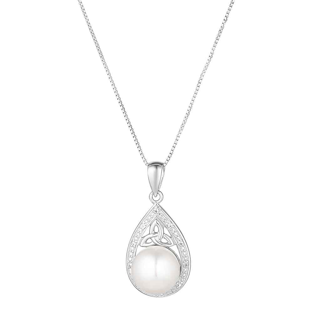 Product image for Irish Necklace | Sterling Silver Crystal Trinity Knot Pearl Teardrop Pendant