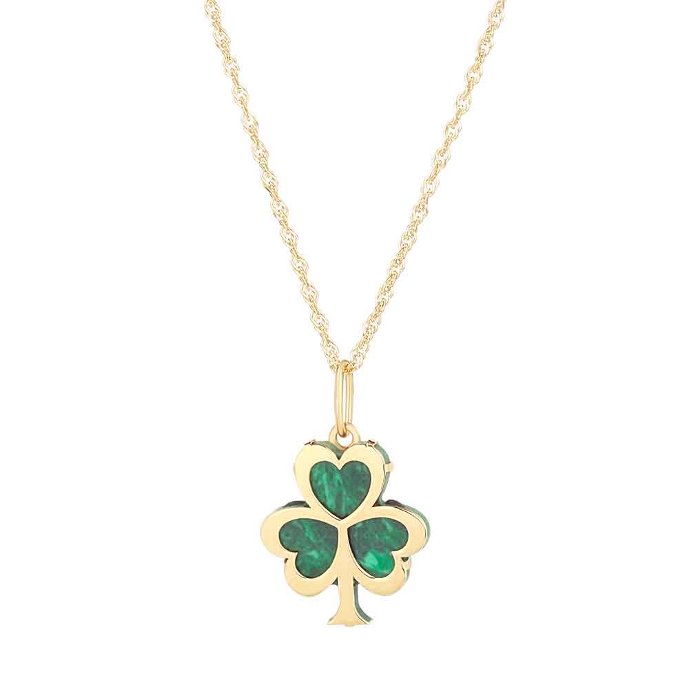 14K Yellow Gold Malachite Four Leaf Clover Necklace, Irish Lucky Charm