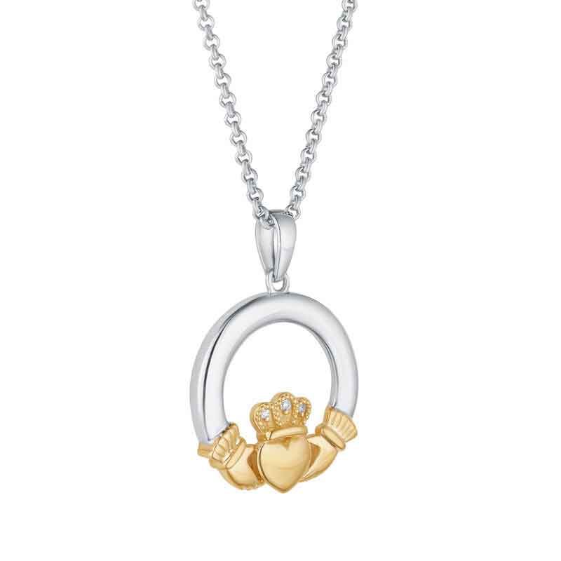 Product image for Irish Necklace | Diamond 10k Gold & Sterling Silver Ladies Claddagh Pendant