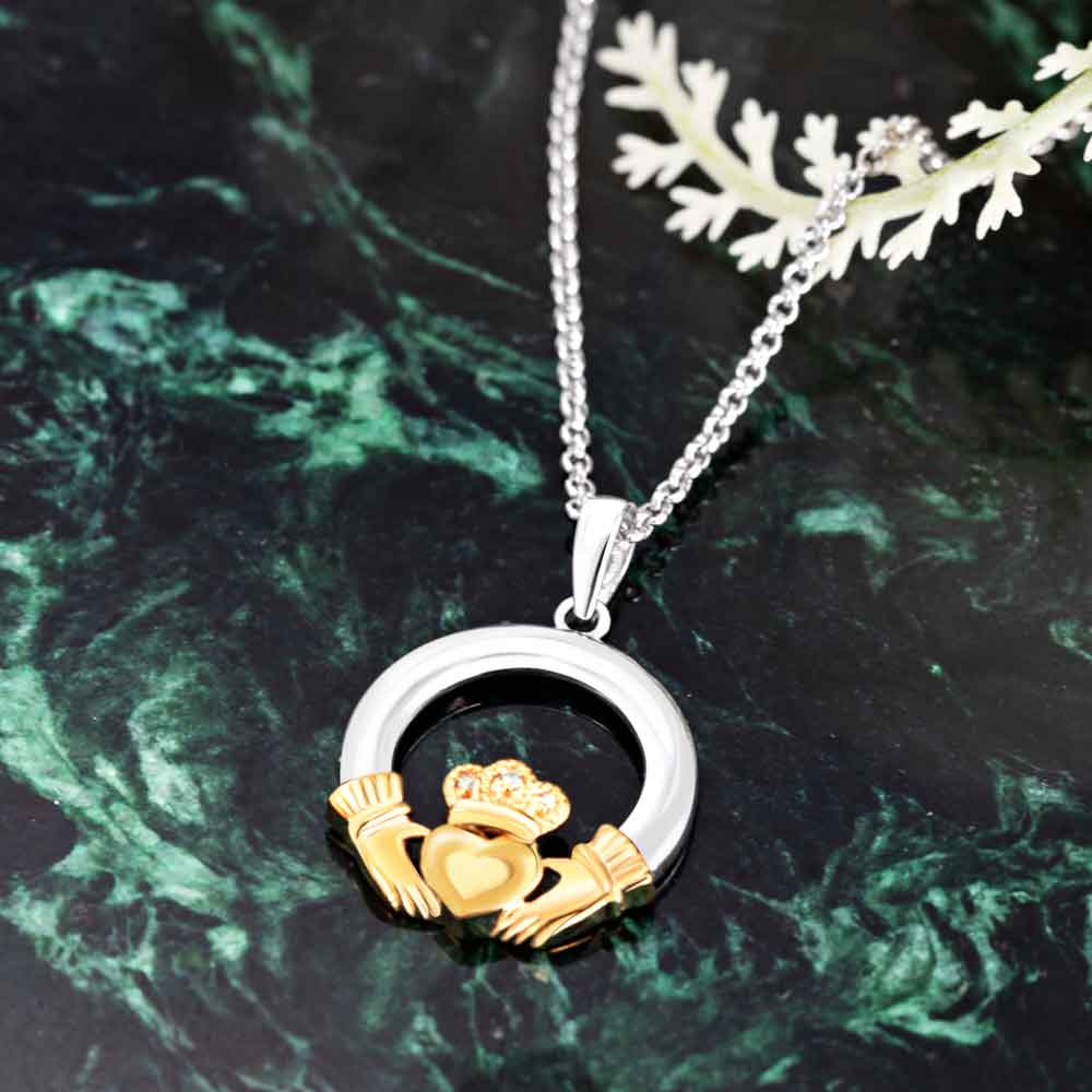 Product image for Irish Necklace | Diamond 10k Gold & Sterling Silver Ladies Claddagh Pendant