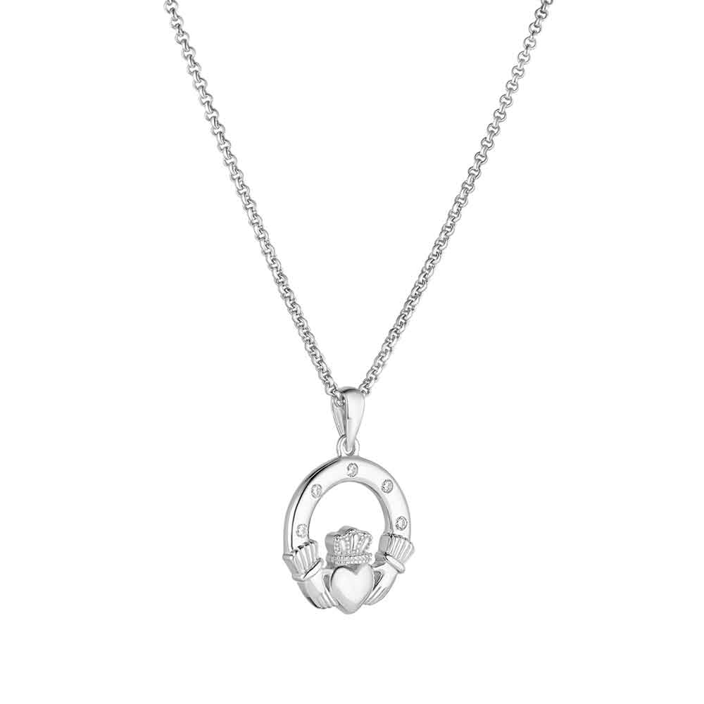 Product image for Irish Necklace | Sterling Silver Flush Set Crystal Claddagh Pendant