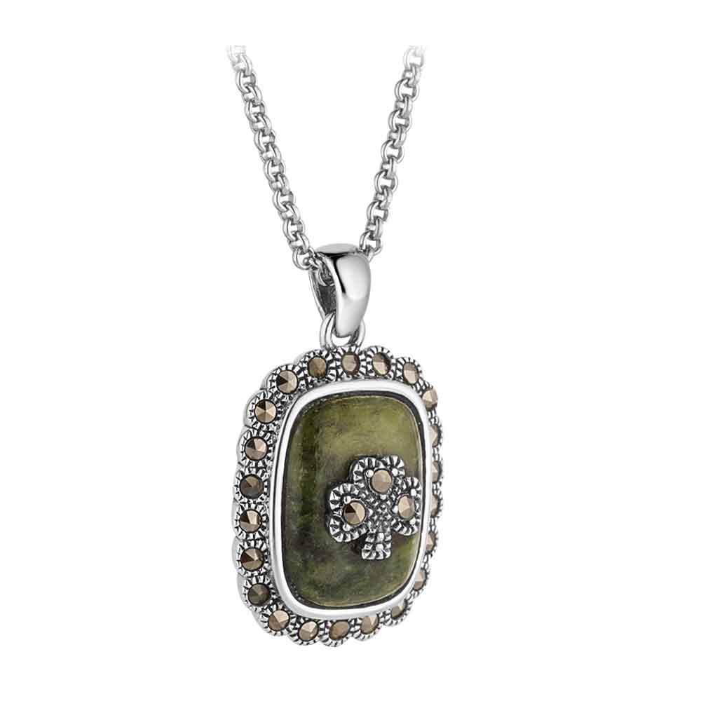 Product image for Irish Necklace Sterling Silver Connemara Marble Marcasite Shamrock Pendant 