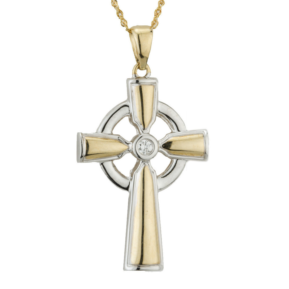 Product image for Irish Necklace - 14k Yellow & White Gold Diamond Celtic Cross Pendant