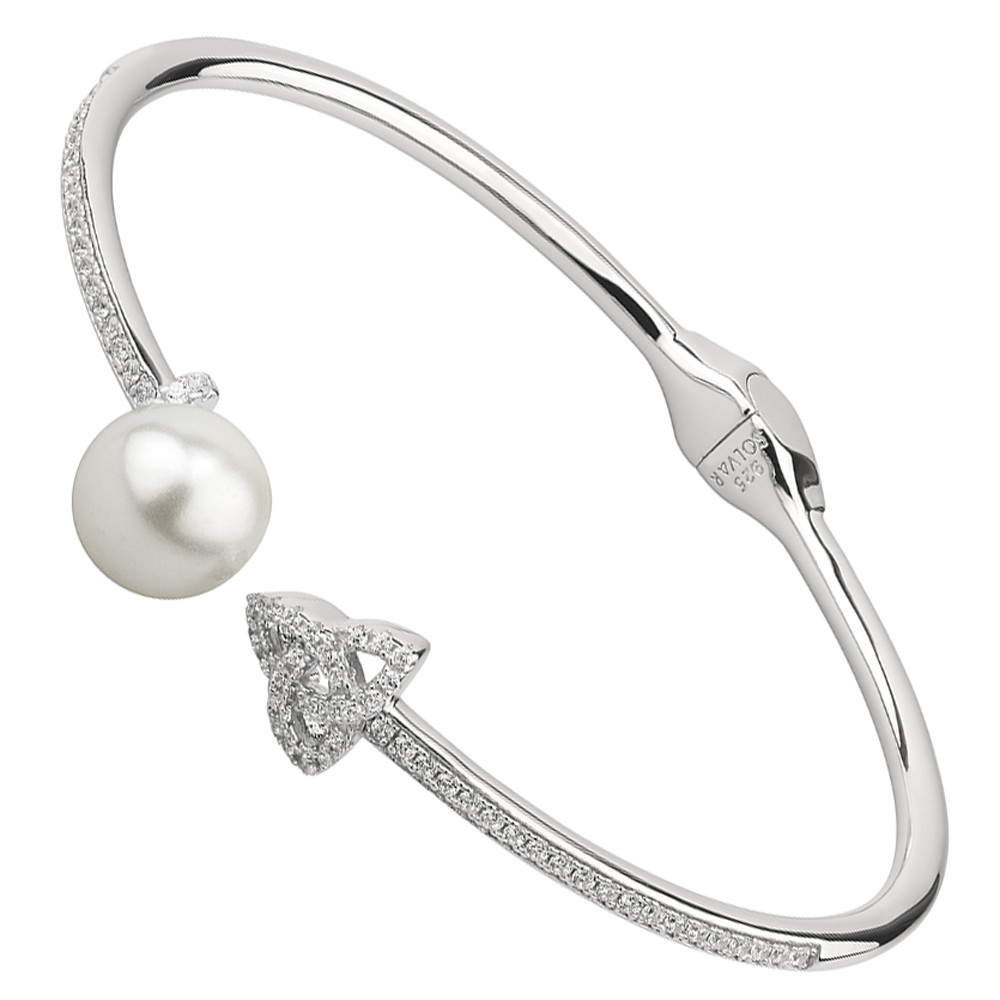 Product image for Irish Bracelet | Sterling Silver Crystal & Pearl Trinity Knot Bangle