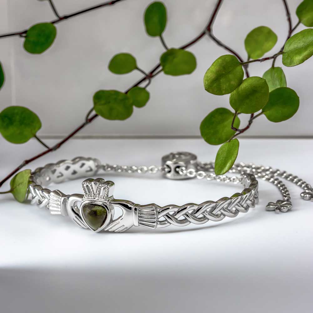 Product image for Irish Bracelet | Sterling Silver Connemara Marble Celtic Knot Marble Draw String Bangle