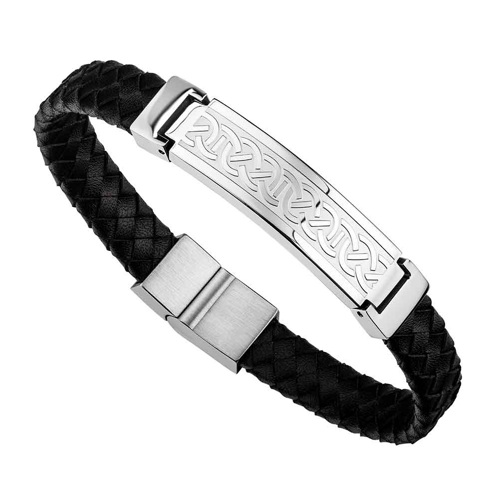 Product image for Irish Bracelet | Stainless Steel Men's Black Leather Celtic Bracelet