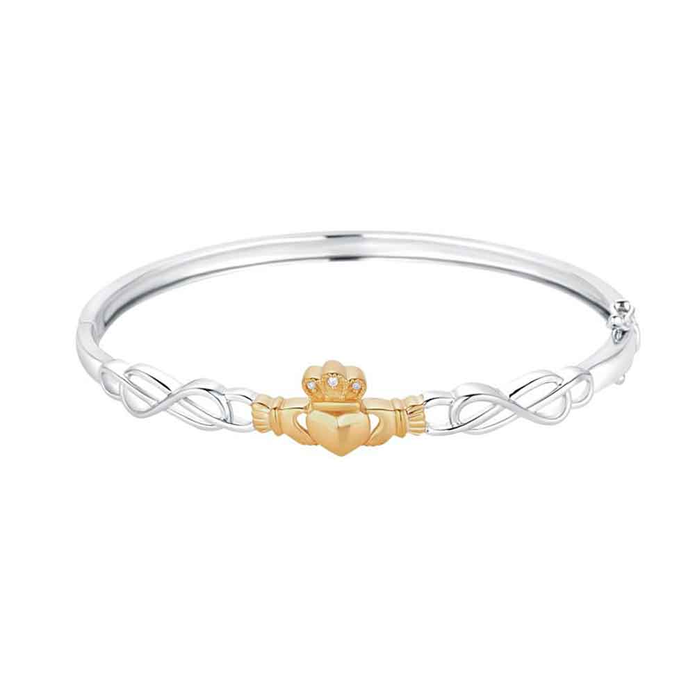 Product image for Irish Bracelet | Diamond 10k Gold & Sterling Silver Ladies Claddagh Bangle