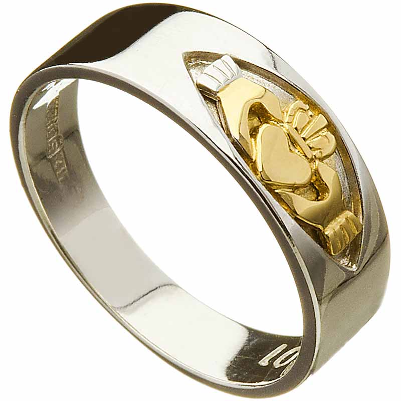 Ijtj00102 Irish Mens Wedding Band White Gold Insert Claddagh Ring 