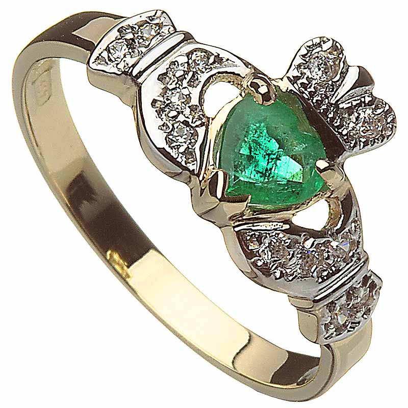 10k Yellow Gold Trinity Knot Band Claddagh Ring with Emerald Green CZ Heart 