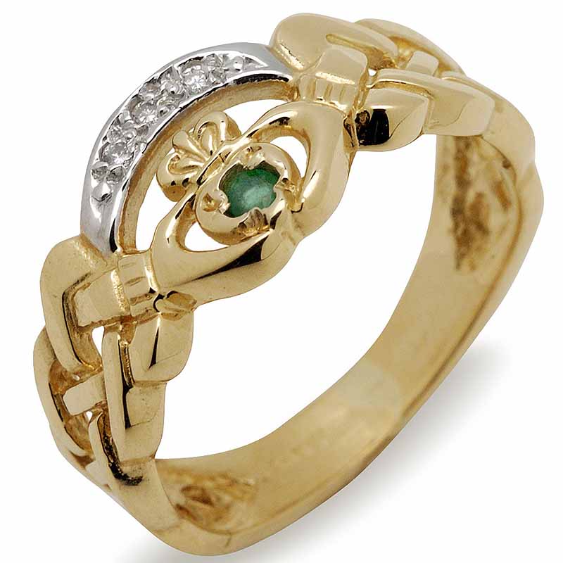 Product image for Irish Wedding Ring - 10k Gold Ladies Celtic Band with CZ and Emerald Claddagh