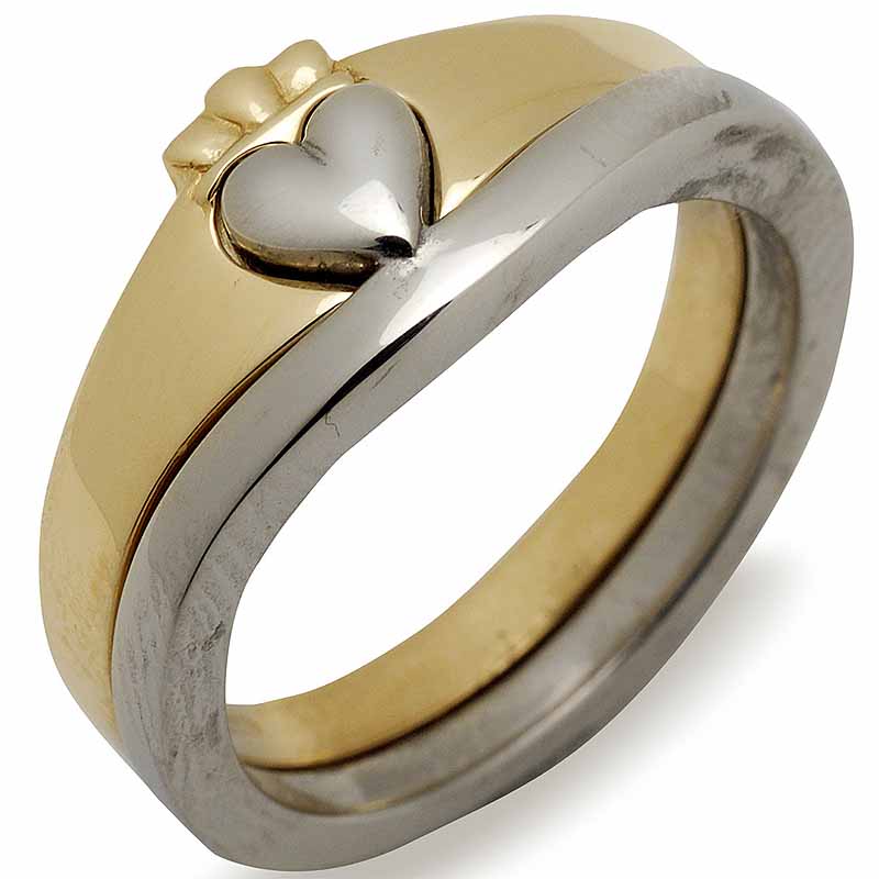 Product image for Irish Wedding Band - 10k White and Yellow Gold 2 Part Interlocking Ladies Claddagh Ring