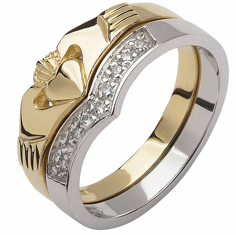 Product image for Irish Wedding Band - 10k Yellow and White Gold Diamond Wishbone Ladies Claddagh Ring