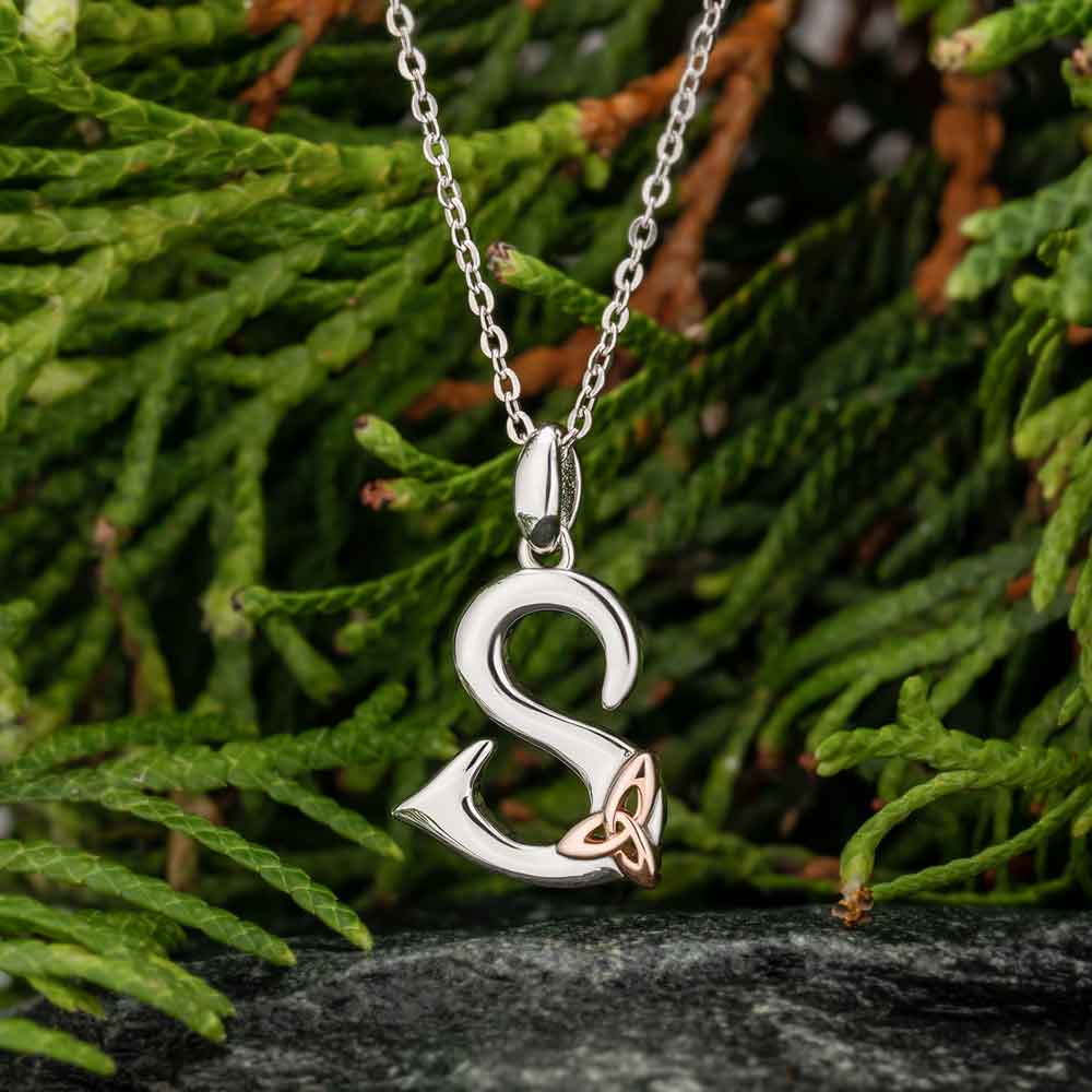 Product image for Irish Necklace | Celtic Initial Sterling Silver & Rose Gold Plated Trinity Knot Pendant