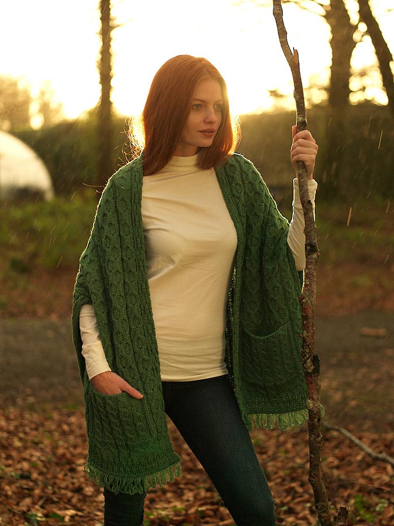 Merino Wool Wrap with Pockets Green at CDA351G