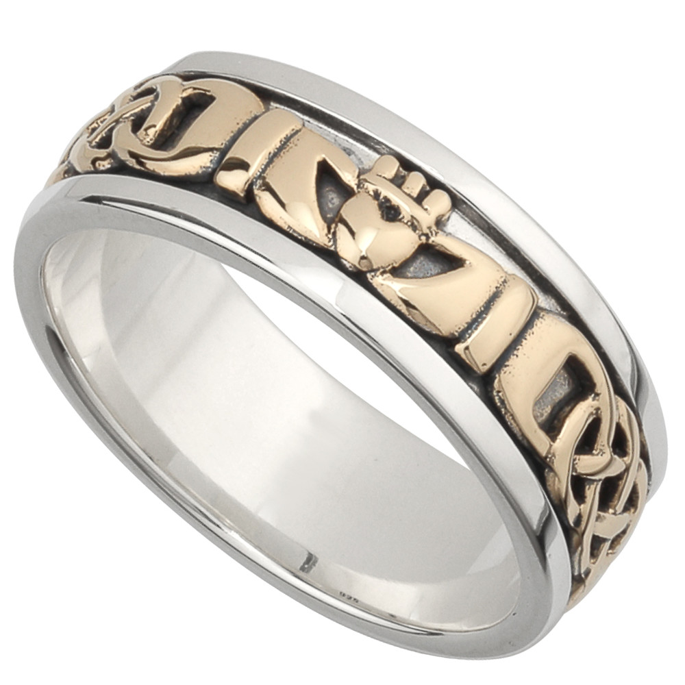 S21008 Irish Wedding Band Solvar Gold Silver Celtic Knot Mens Claddagh Ring 