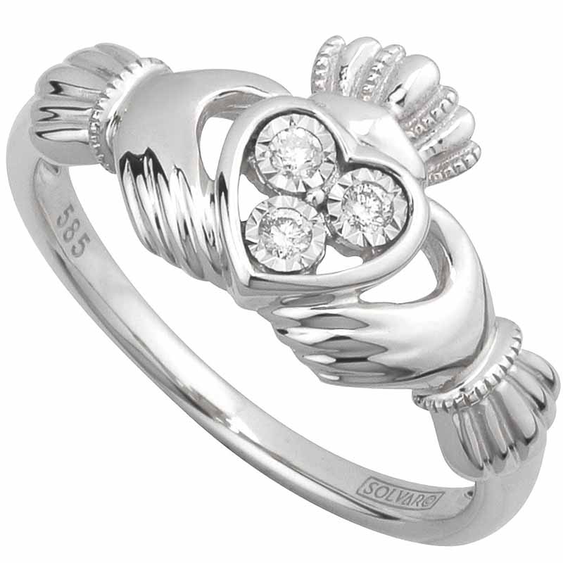 Product image for Claddagh Ring - Ladies Irish Claddagh Ring 14k White Gold with 3 Diamonds