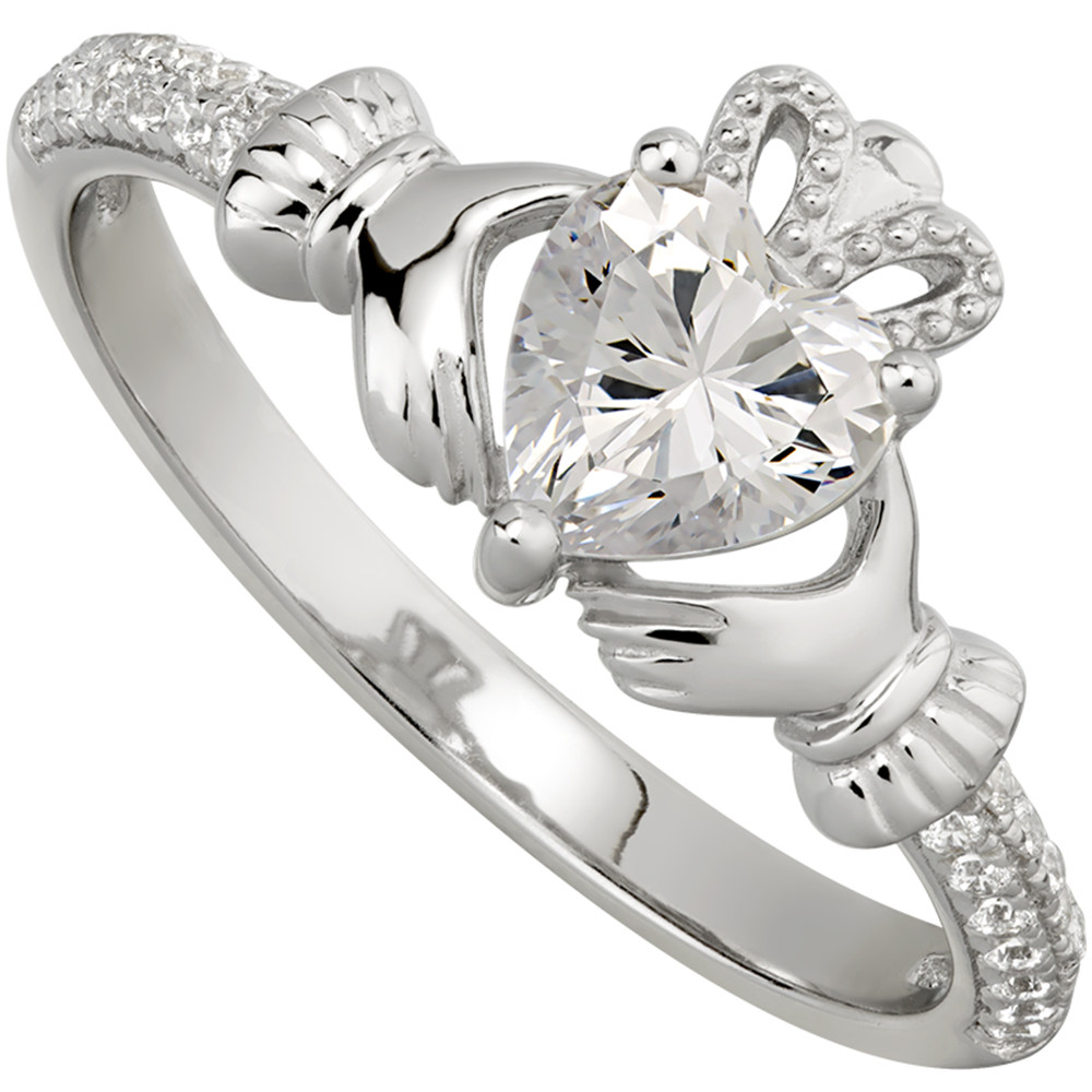 Product image for Irish Ladies Sterling Silver Crystal Birthstone Claddagh Ring