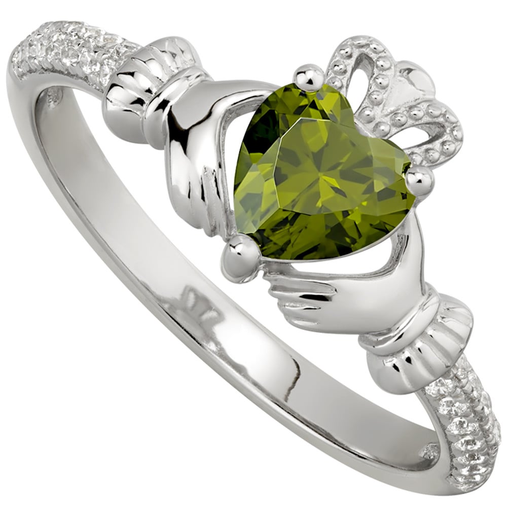 Irish Ladies Sterling Silver Crystal Birthstone Claddagh Ring at