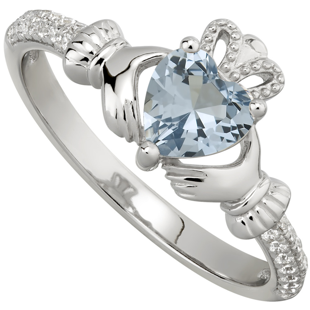 Product image for Irish Ladies Sterling Silver Crystal Birthstone Claddagh Ring