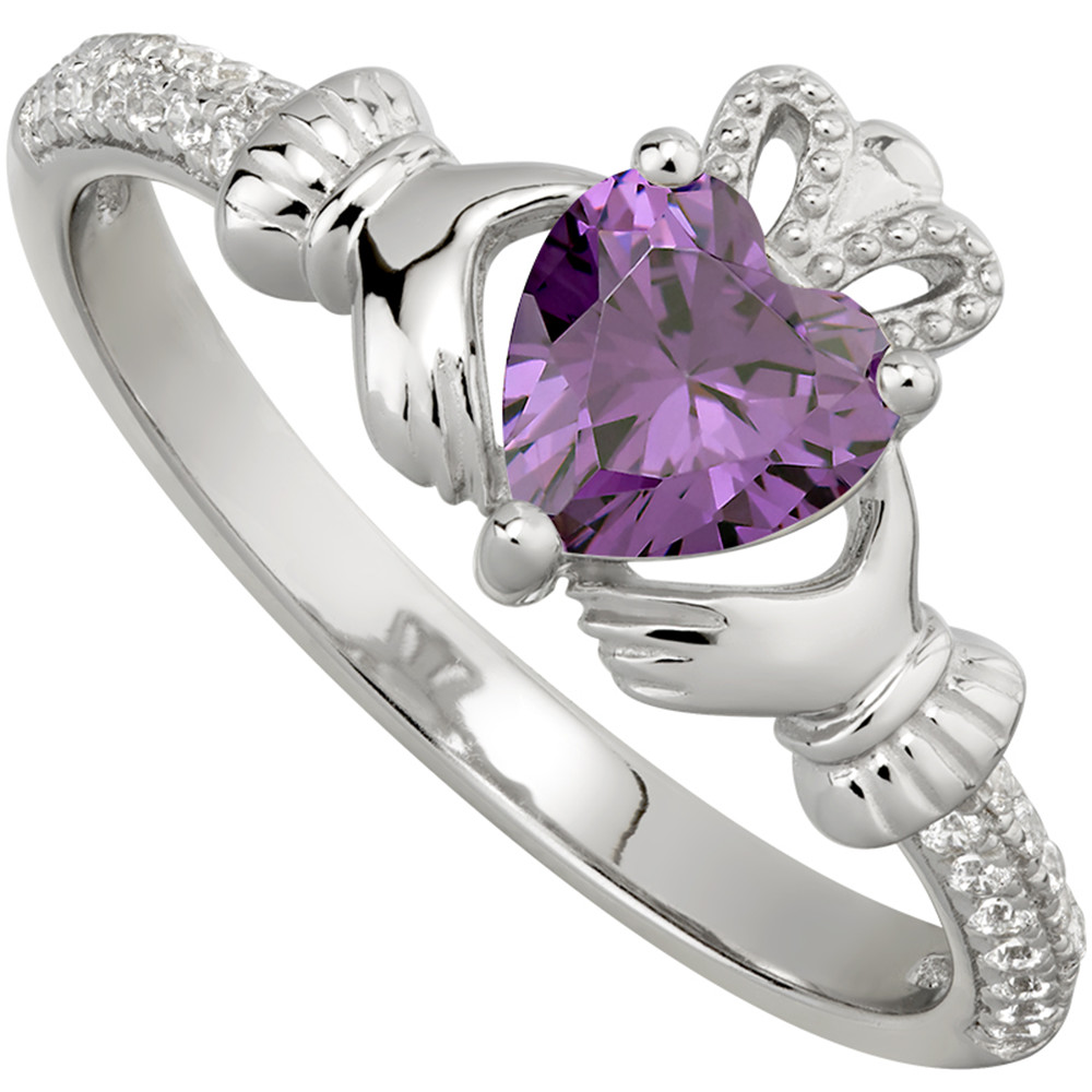 Product image for Irish Ladies Sterling Silver Crystal Birthstone Claddagh Ring