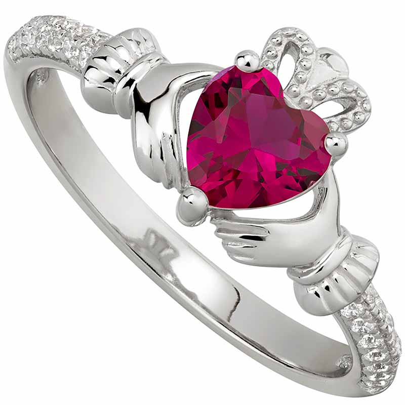 Product image for Irish Ladies Sterling Silver Crystal Birthstone Claddagh Ring