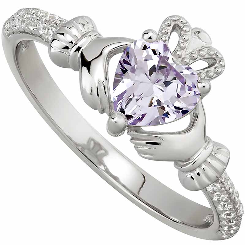 Product image for Irish Ladies Sterling Silver Crystal Birthstone Claddagh Ring