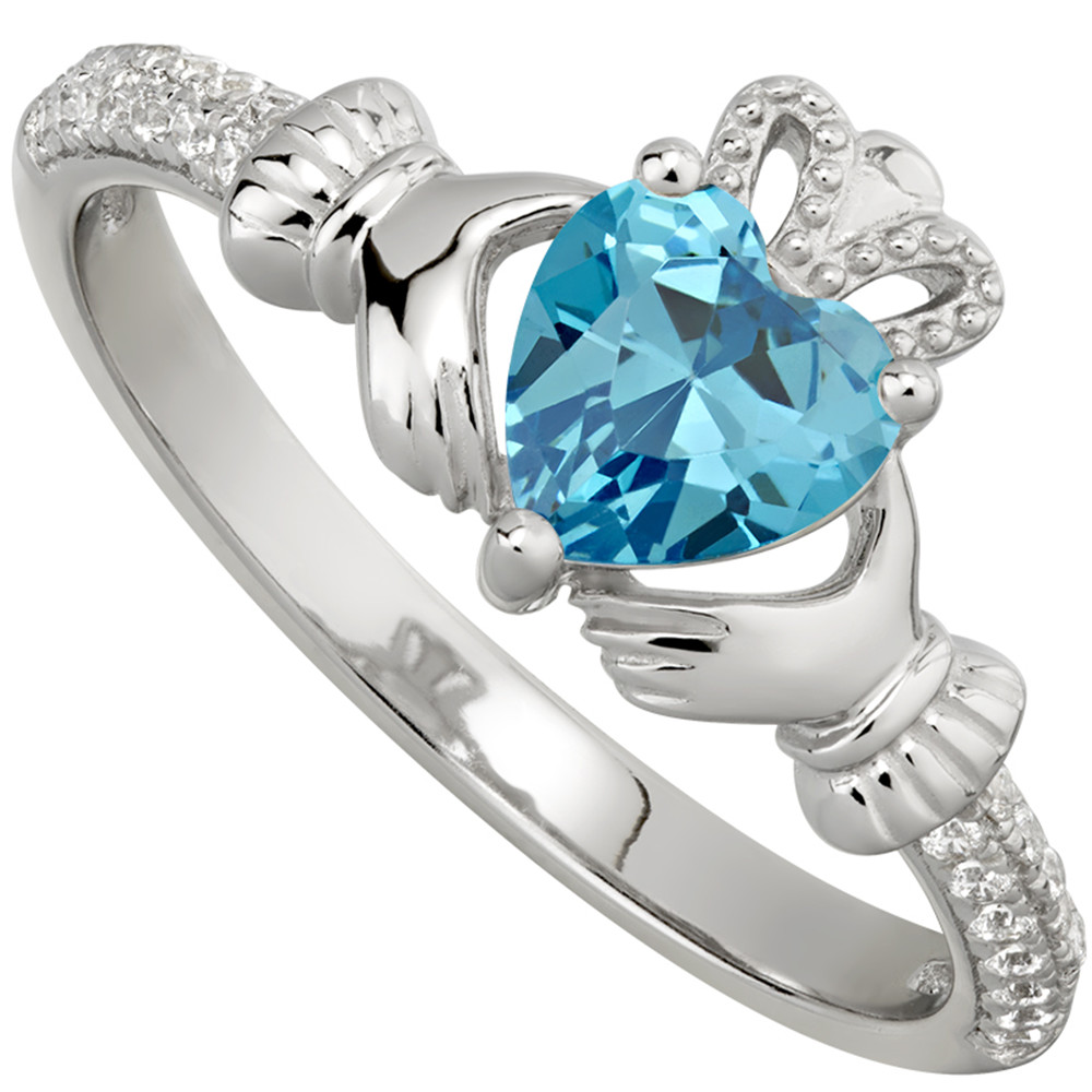 Product image for SALE | Irish Ladies Sterling Silver Crystal March Birthstone Claddagh Ring