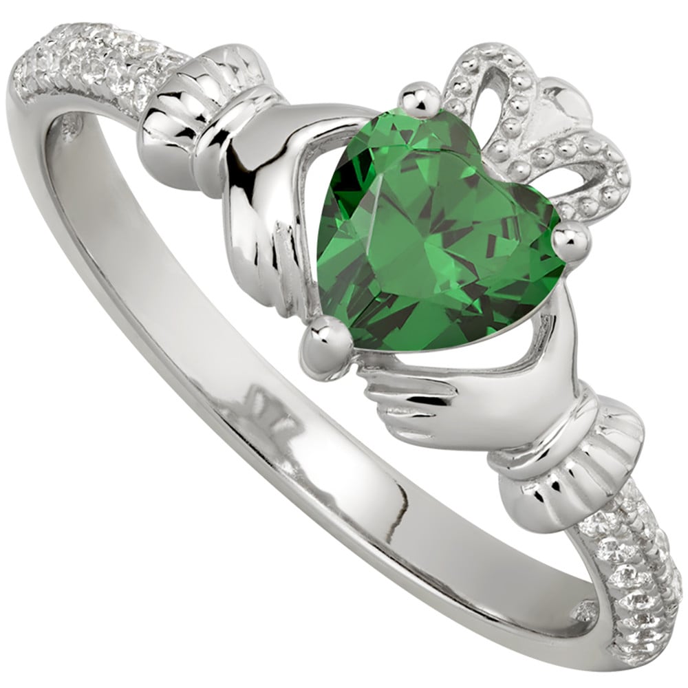 Product image for Irish Ladies Sterling Silver Crystal Birthstone Claddagh Ring