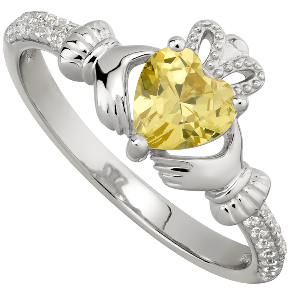 Product image for Irish Ladies Sterling Silver Crystal Birthstone Claddagh Ring