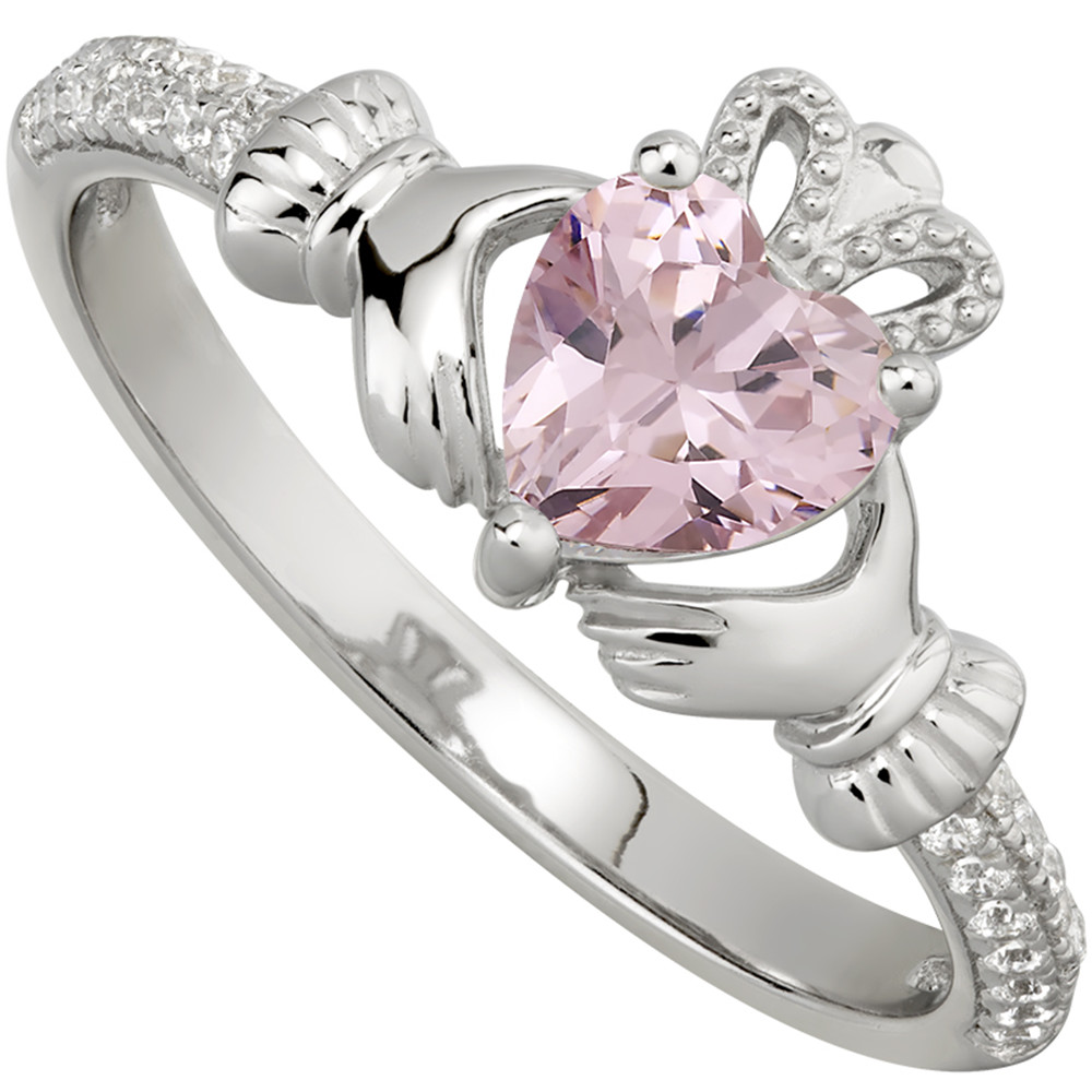 Product image for Irish Ladies Sterling Silver Crystal Birthstone Claddagh Ring