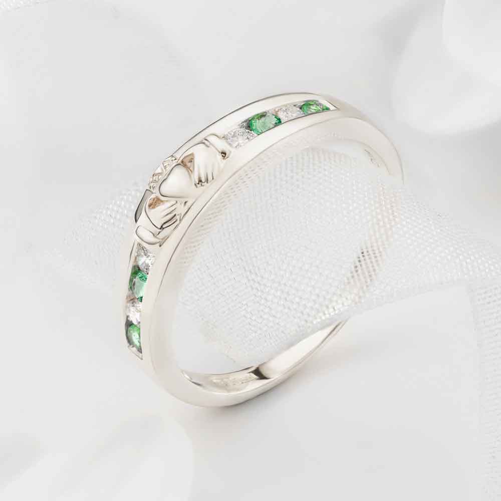 Product image for Claddagh Ring - Ladies 14k White Gold with 8 Diamonds and Emerald Claddagh