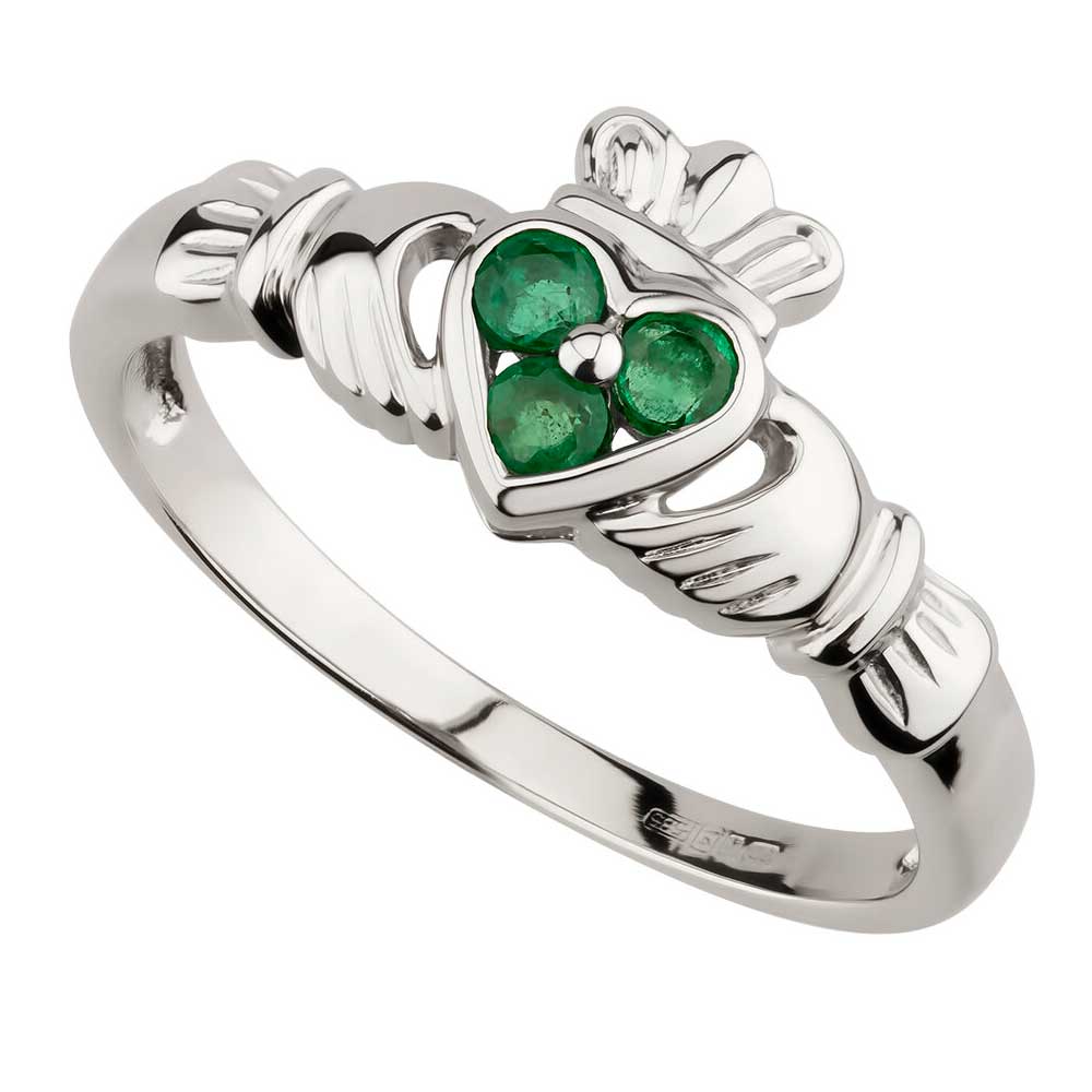 Product image for Claddagh Ring - Ladies 14k White Gold and 3 Emerald Heart Claddagh