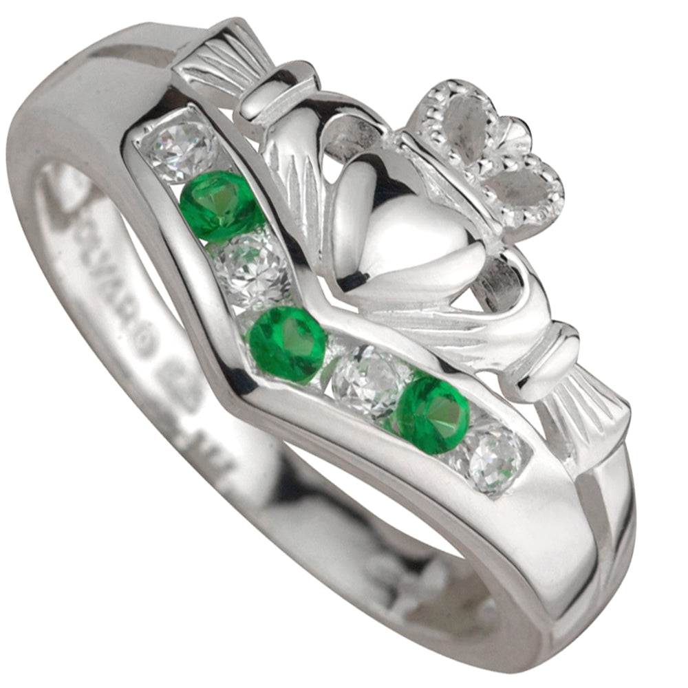 Claddagh Ring - Ladies Sterling Silver with CZ and Emerald Claddagh Wishbone