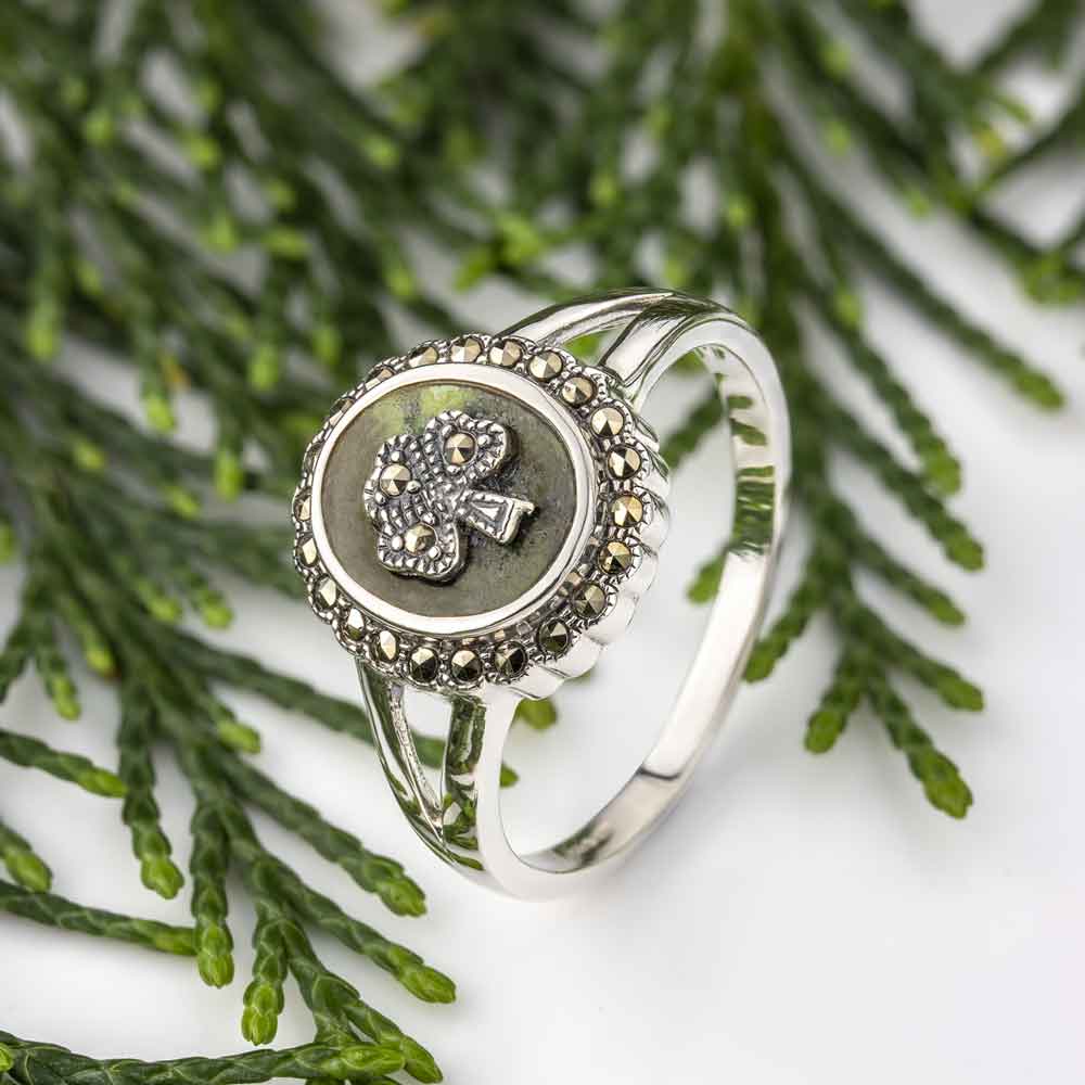 Product image for Shamrock Ring - Ladies Sterling Silver Marcasite Marble Shamrock